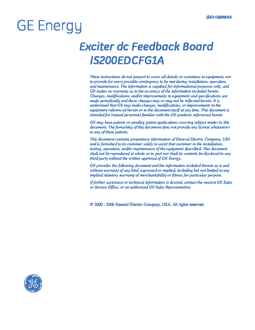 First Page Image of GEI-100464 Exciter DC Feedback Board IS200EDCFG1AED.pdf